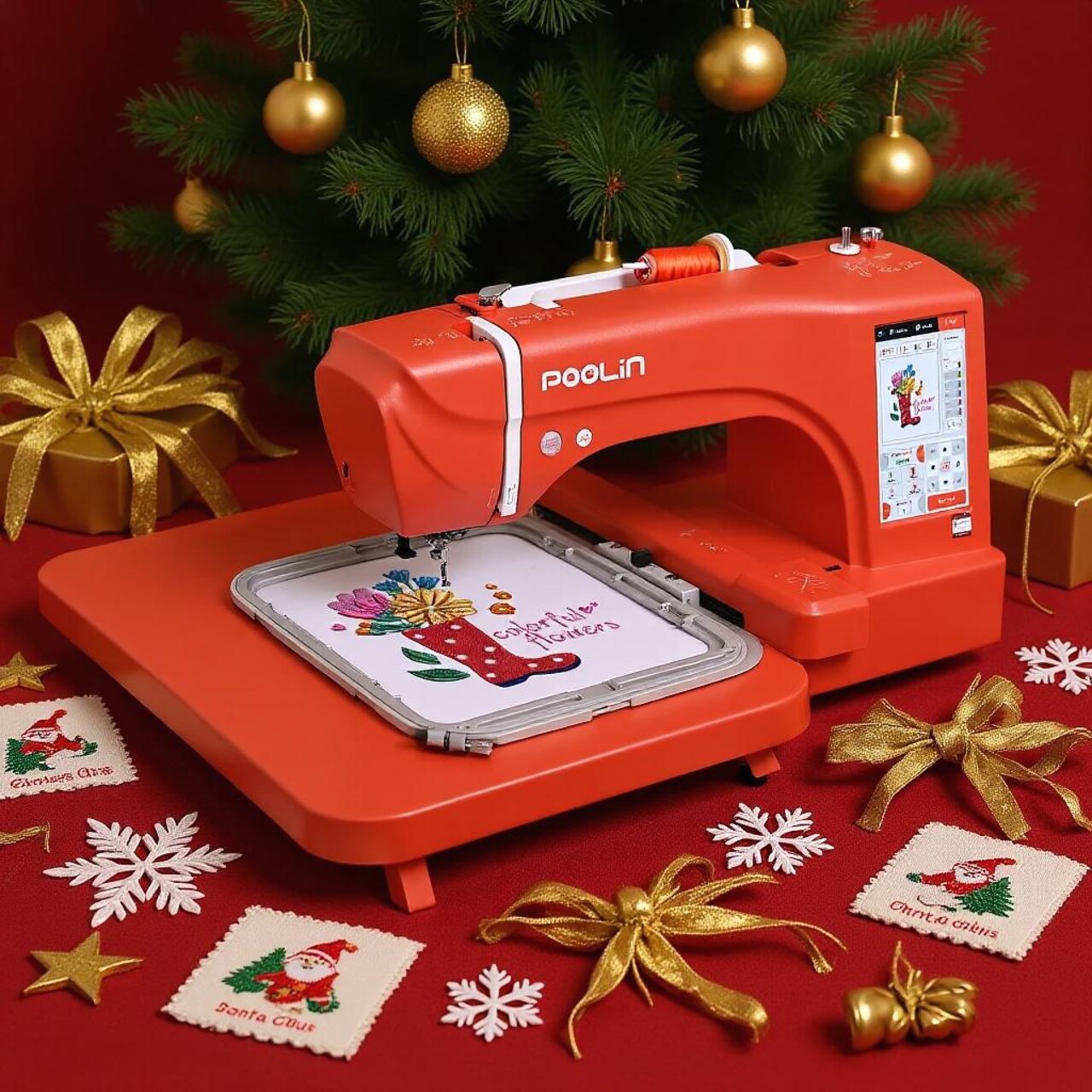 Poolin EOC06-RE Computerized Embroidery Machine Best Seller in USA with 7.9x11" Larger Area, 7" LCD Big Touch Screen, Wifi Available with Supplies Starter Kit Online Digitizing Software for Free for Business Owner & Christmas Gift